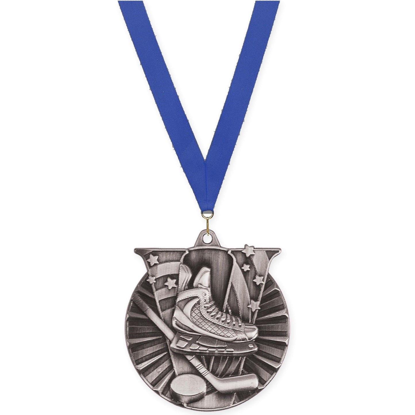 2 inch hockey Victory medal in antique silver with Blue neck ribbon