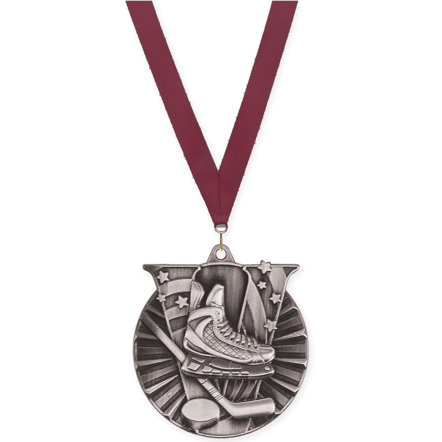 2 inch hockey Victory medal in antique silver with Maroon neck ribbon