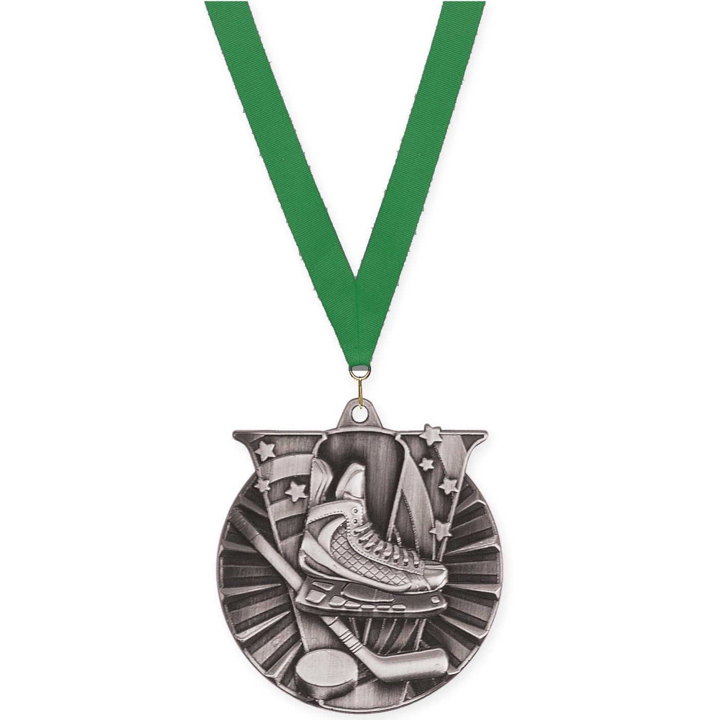 2 inch hockey Victory medal in antique silver with Green neck ribbon