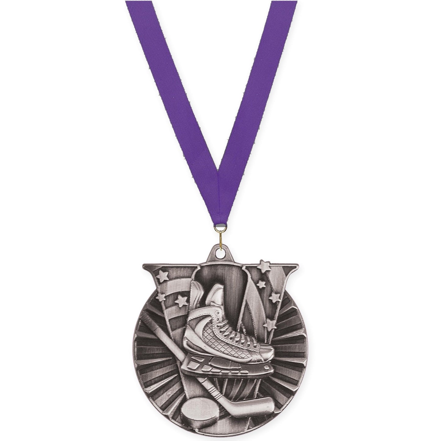 2 inch hockey Victory medal in antique silver with Purple neck ribbon