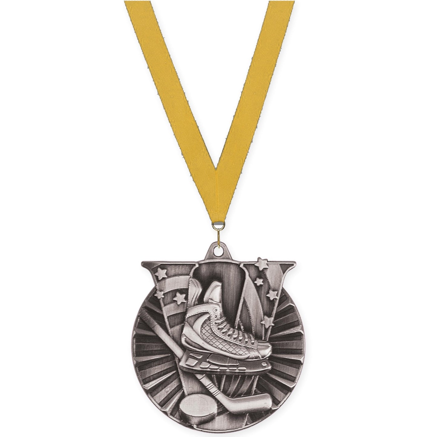 2 inch hockey Victory medal in antique silver with Gold neck ribbon