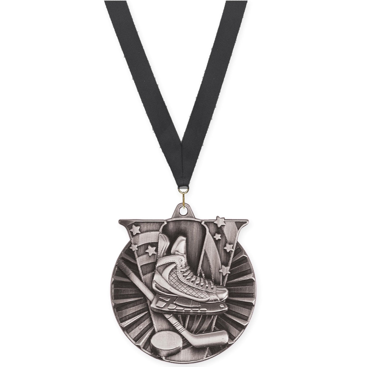 2 inch hockey Victory medal in antique silver with Black neck ribbon