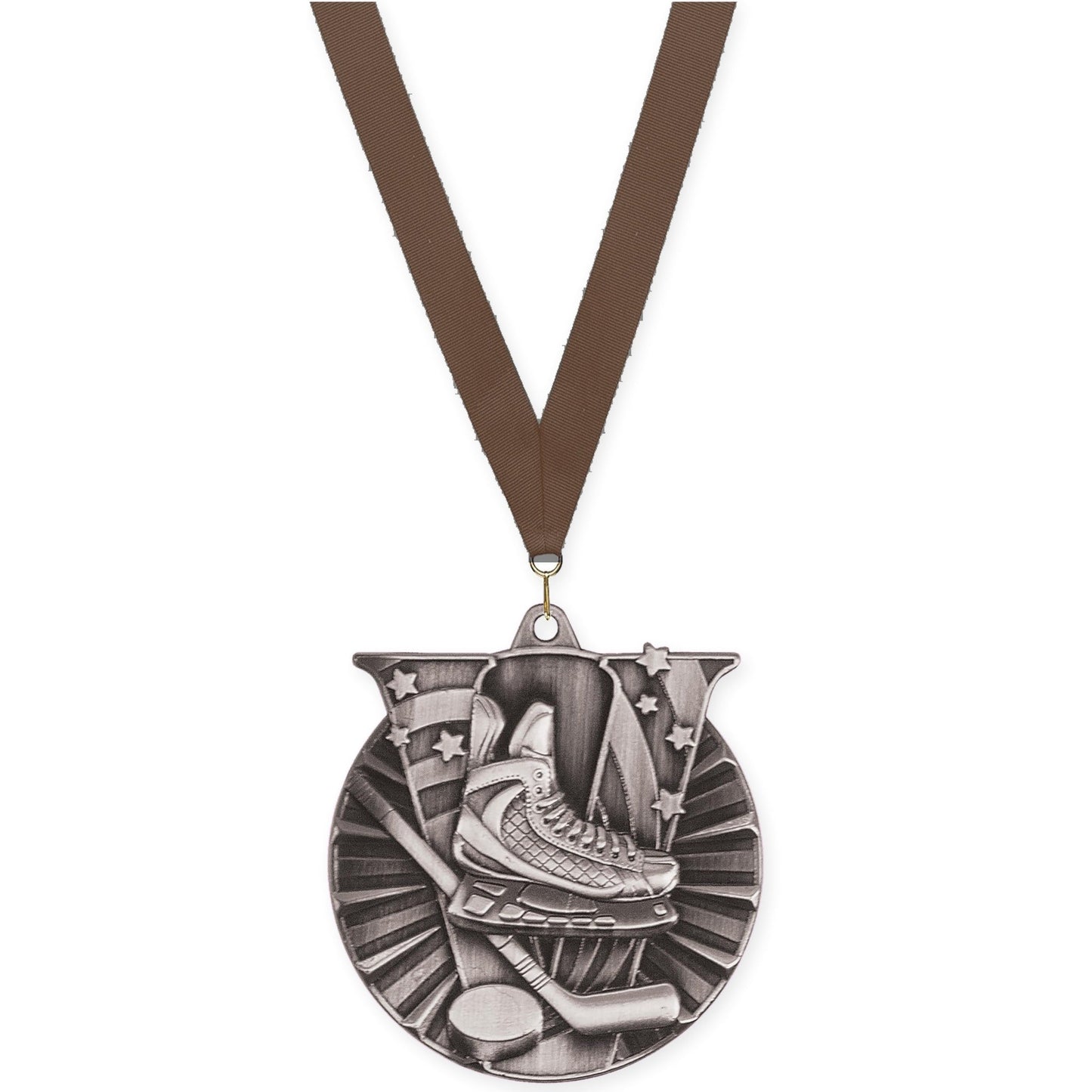 2 inch hockey Victory medal in antique silver with Brown neck ribbon