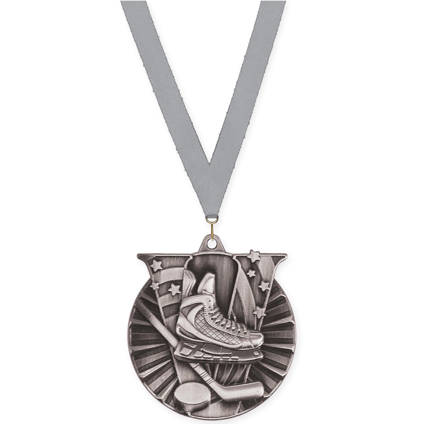 2 inch hockey Victory medal in antique silver with Gray neck ribbon