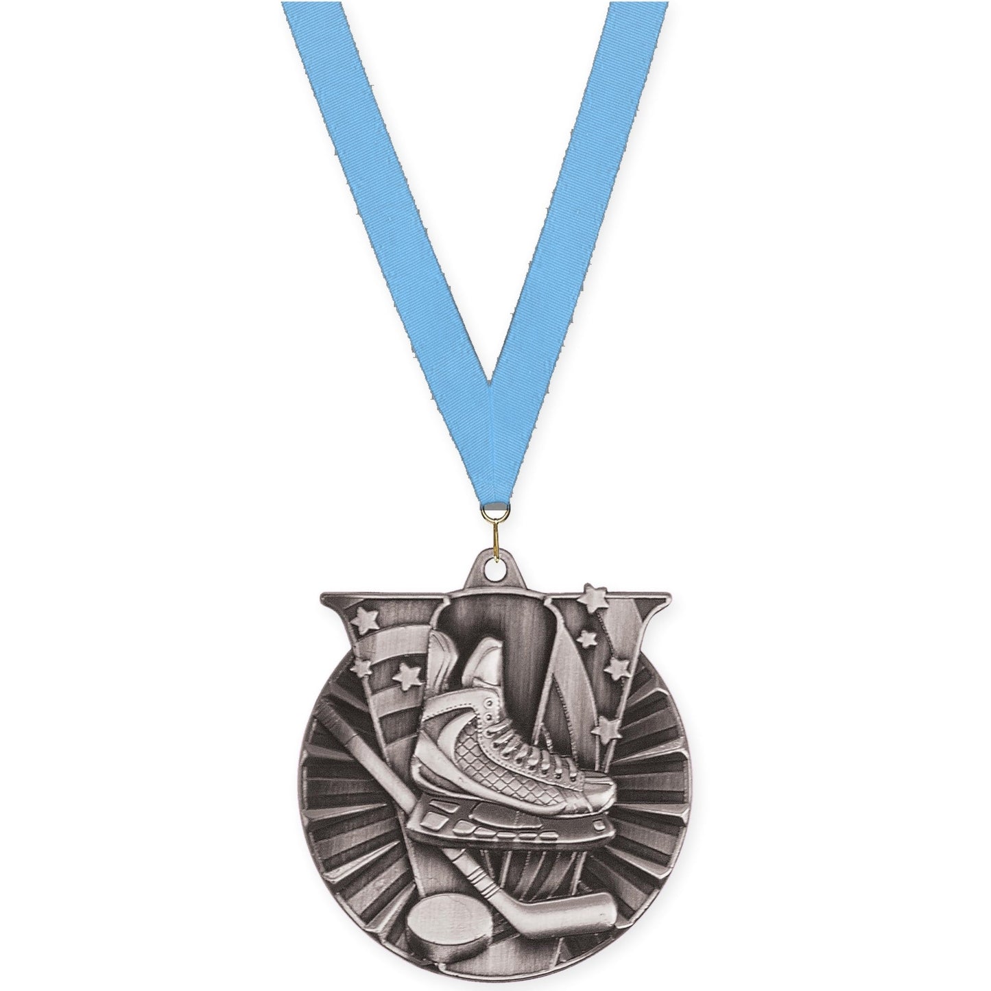 2 inch hockey Victory medal in antique silver with Light Blue neck ribbon