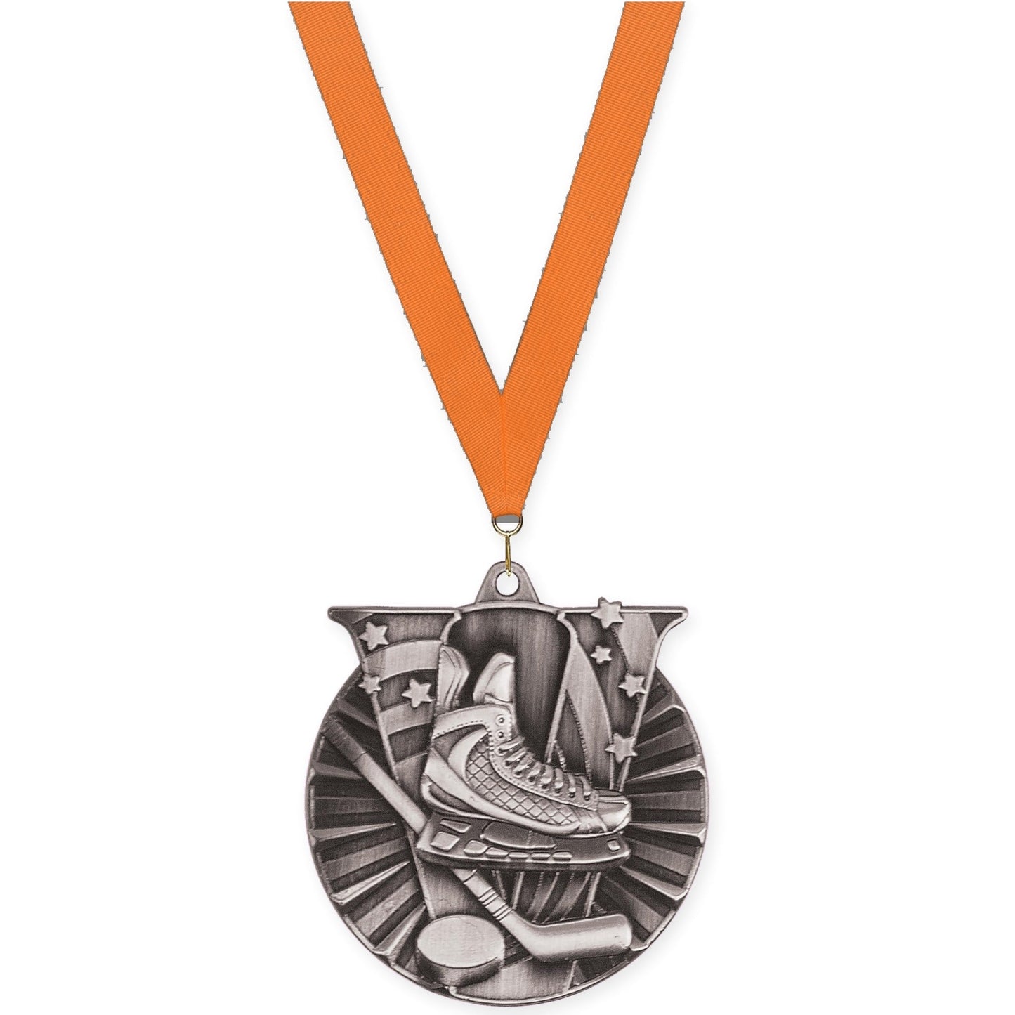 2 inch hockey Victory medal in antique silver with Orange neck ribbon