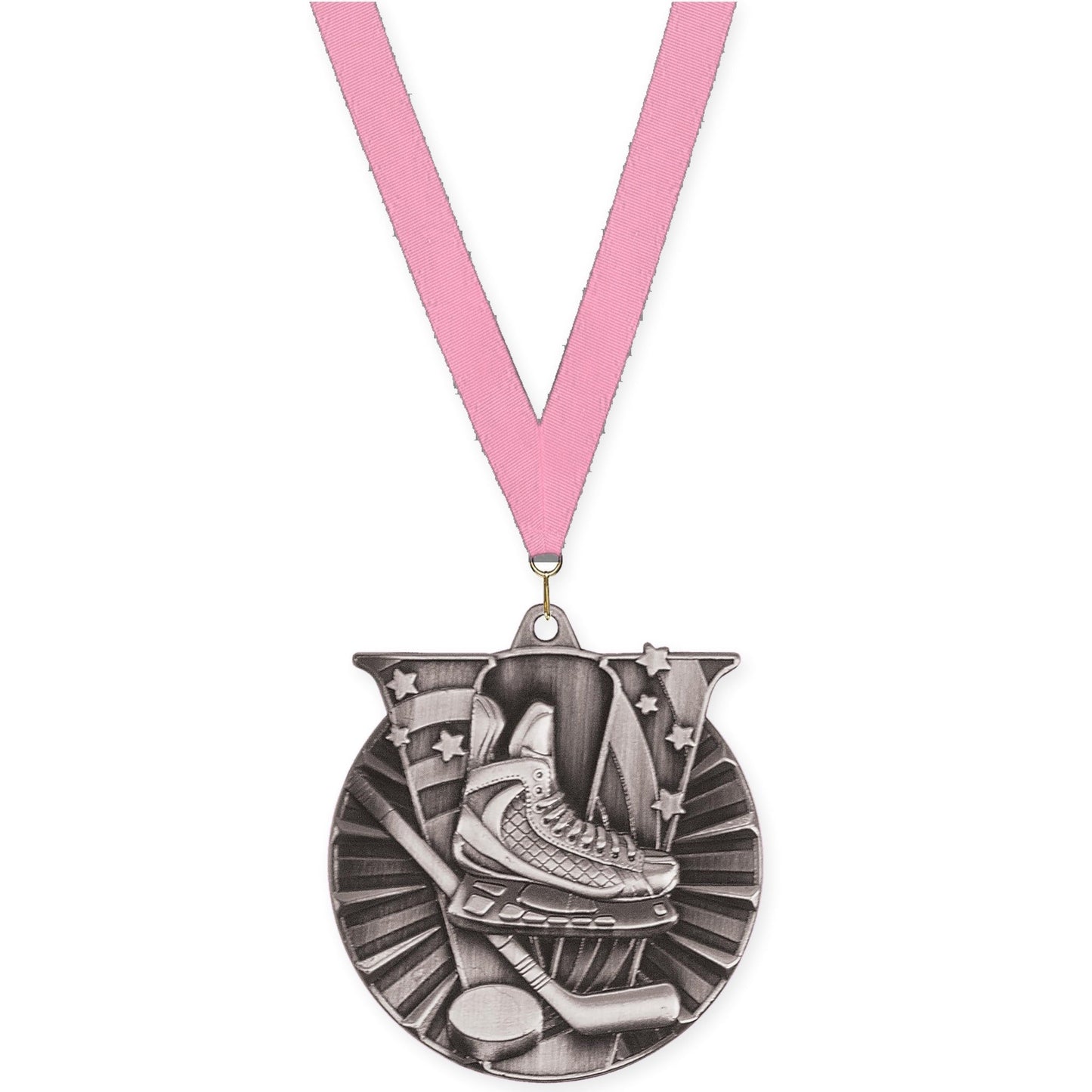 2 inch hockey Victory medal in antique silver with Pink neck ribbon