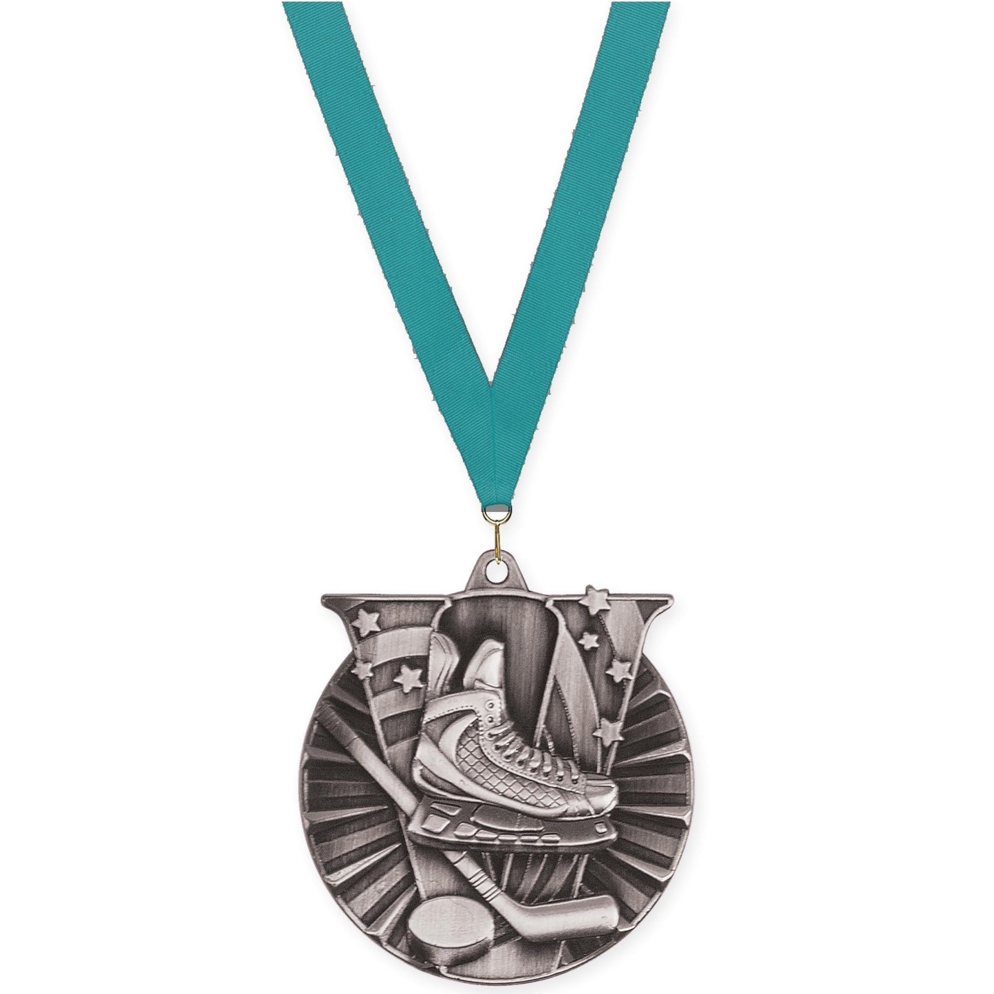 2 inch hockey Victory medal in antique silver with Teal neck ribbon