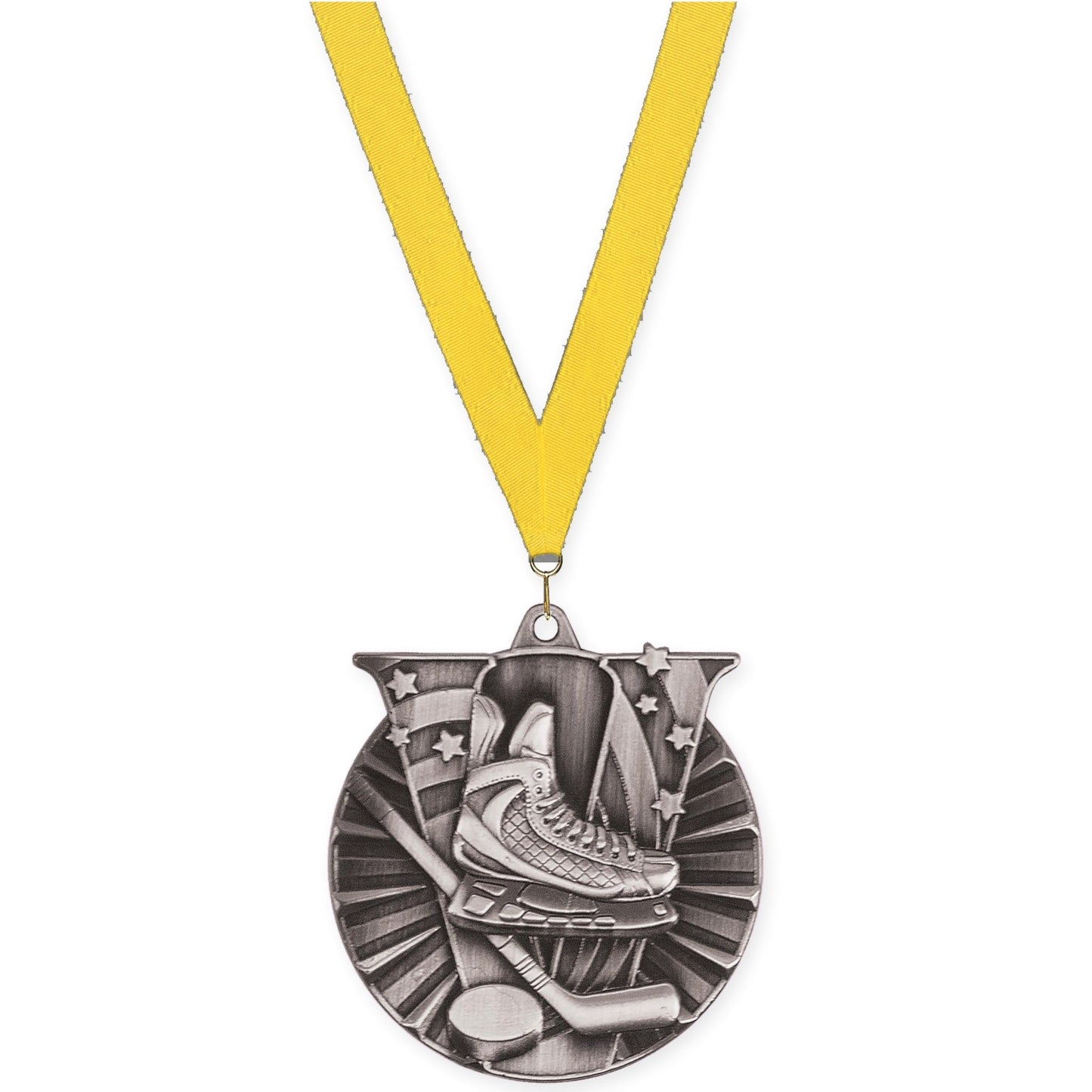 2 inch hockey Victory medal in antique silver with Yellow neck ribbon