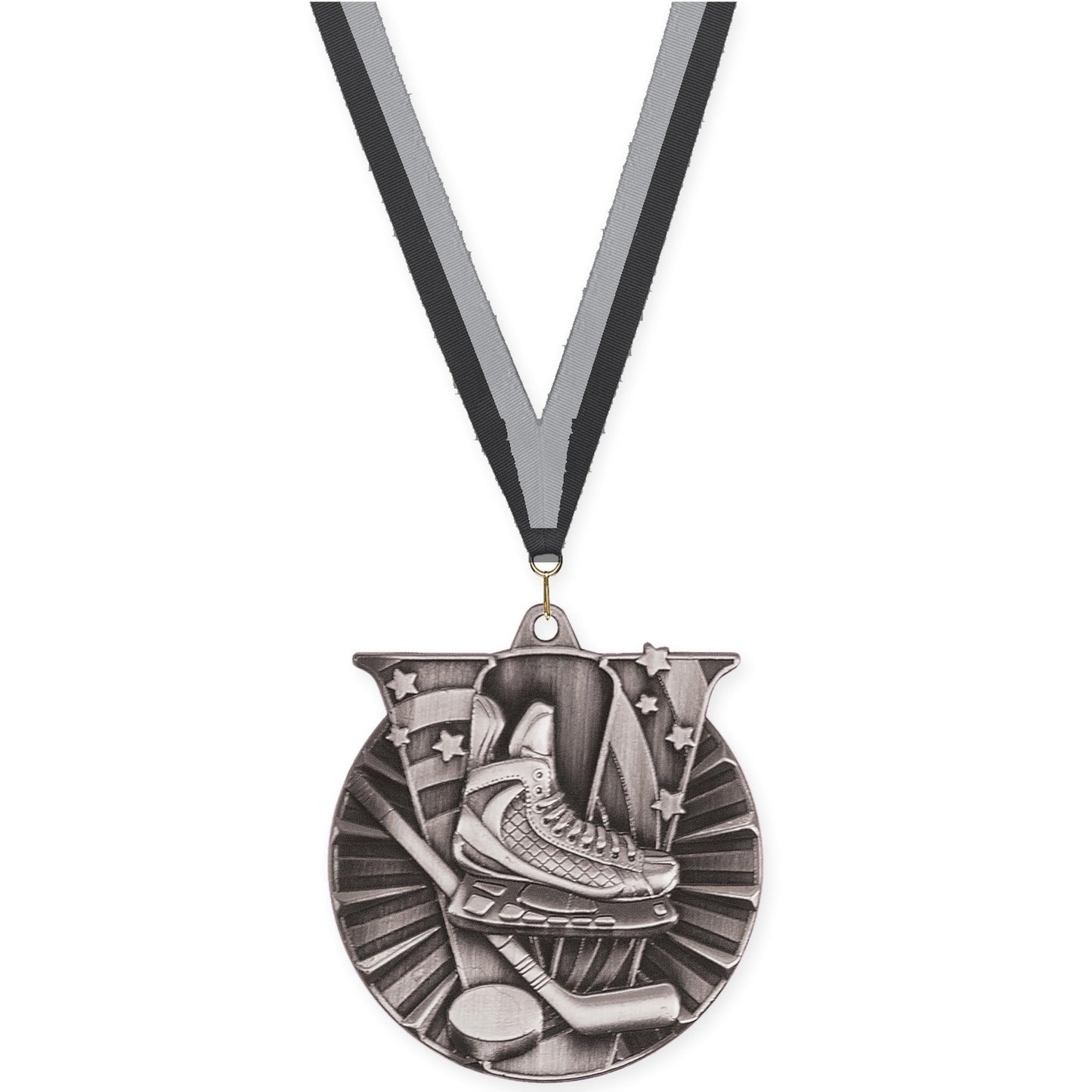 2 inch hockey Victory medal in antique silver with Black Gray neck ribbon