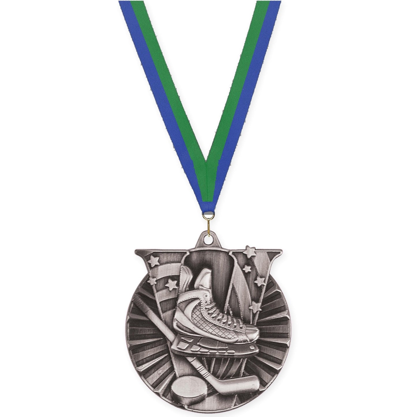 2 inch hockey Victory medal in antique silver with Blue Green neck ribbon