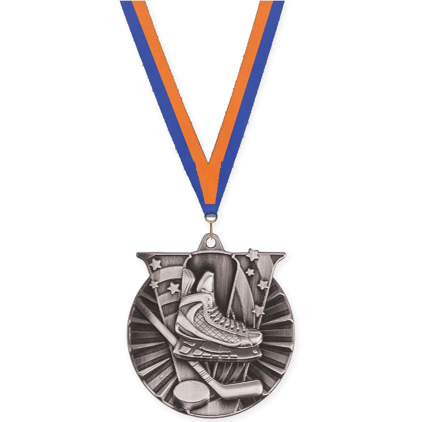 2 inch hockey Victory medal in antique silver with Blue Orange neck ribbon