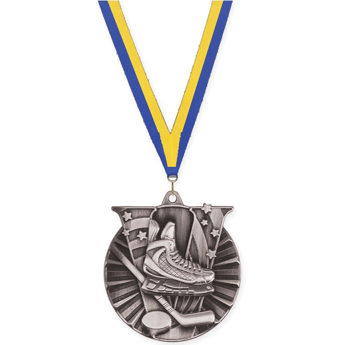 2 inch hockey Victory medal in antique silver with Blue Yellow neck ribbon