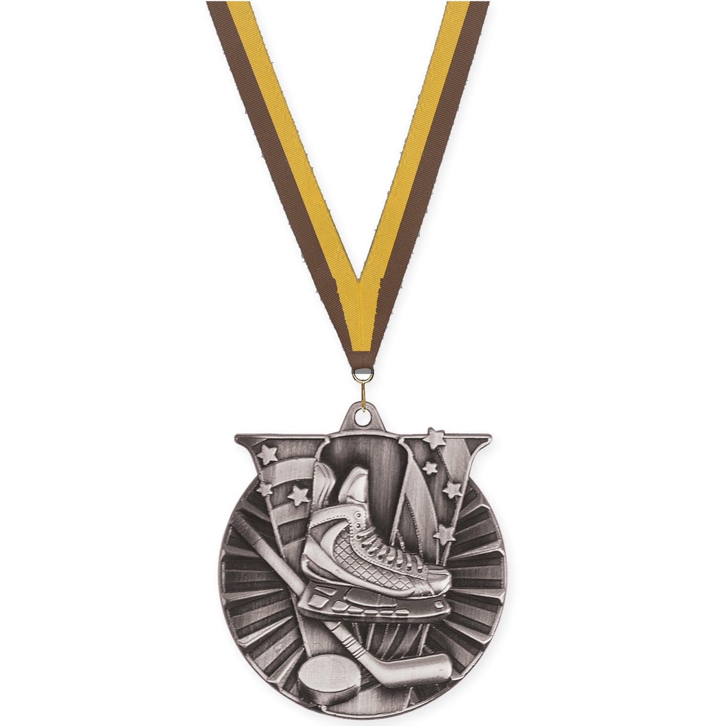 2 inch hockey Victory medal in antique silver with Brown Gold neck ribbon