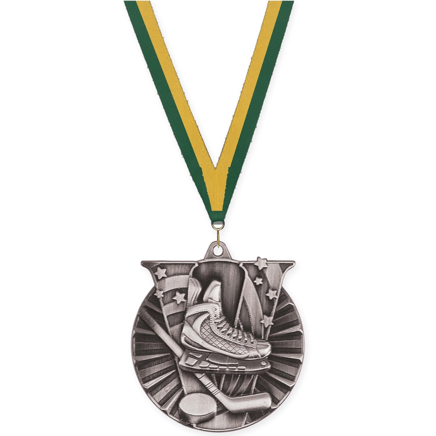 2 inch hockey Victory medal in antique silver with Hunter Green Gold neck ribbon