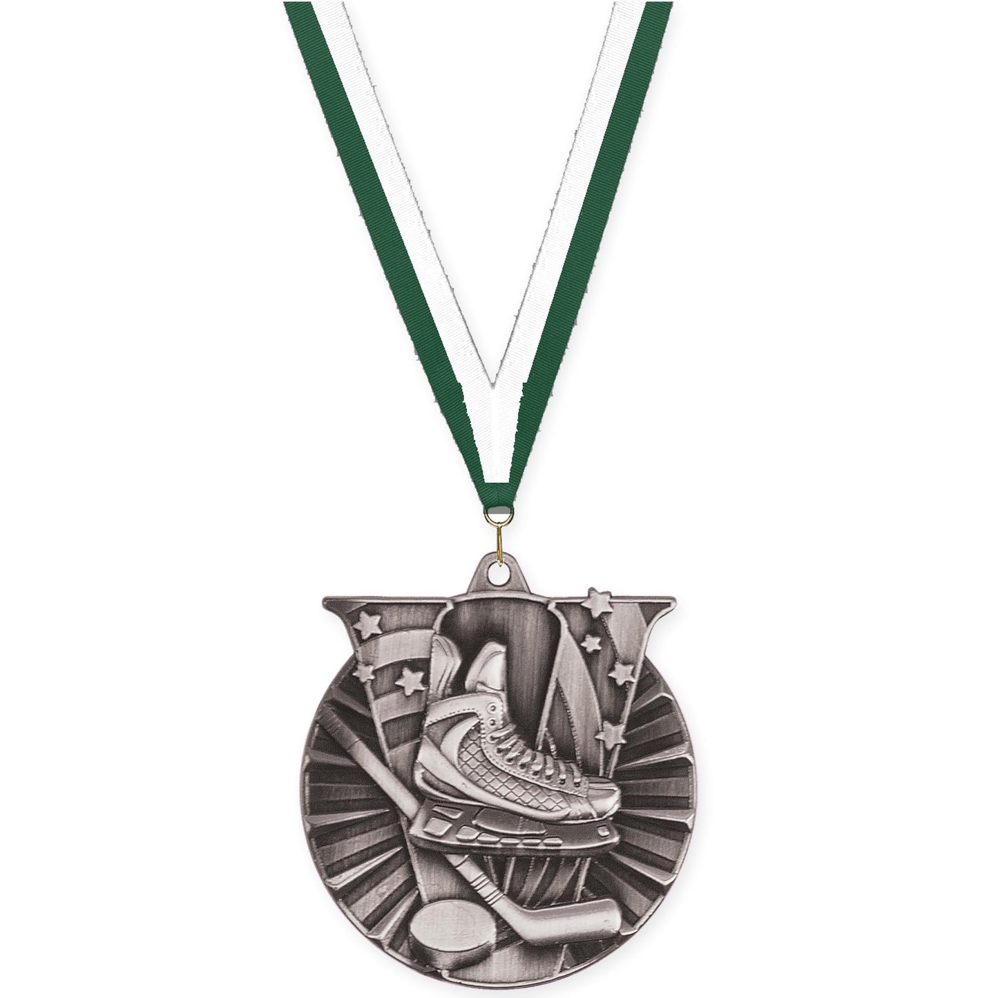 2 inch hockey Victory medal in antique silver with Hunter Green White neck ribbon