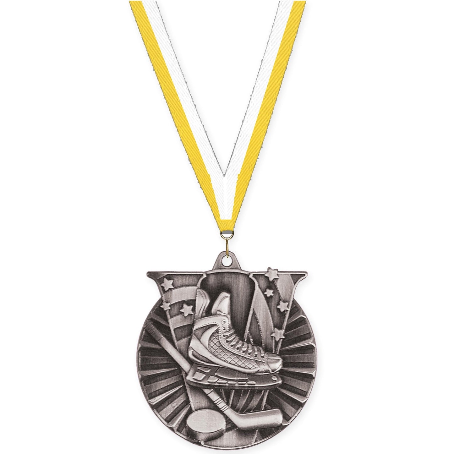 2 inch hockey Victory medal in antique silver with Yellow White neck ribbon