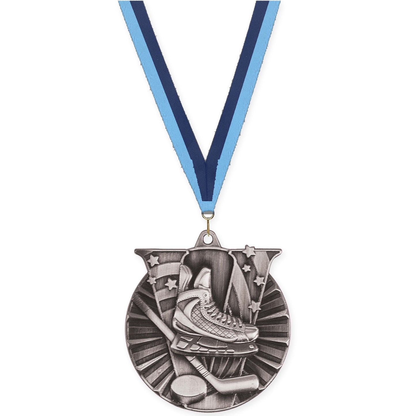 2 inch hockey Victory medal in antique silver with Light Blue Navy neck ribbon