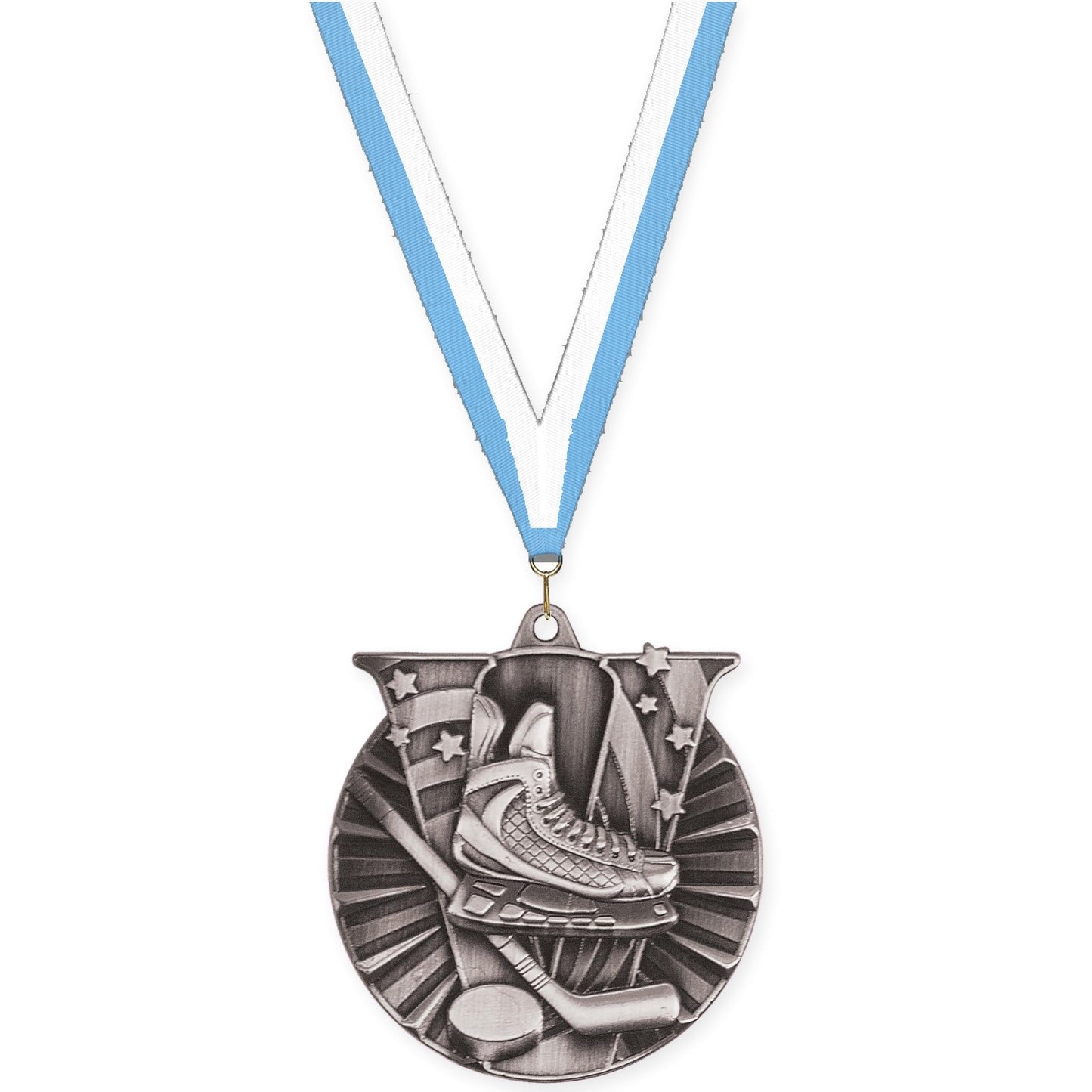 2 inch hockey Victory medal in antique silver with Light Blue White neck ribbon