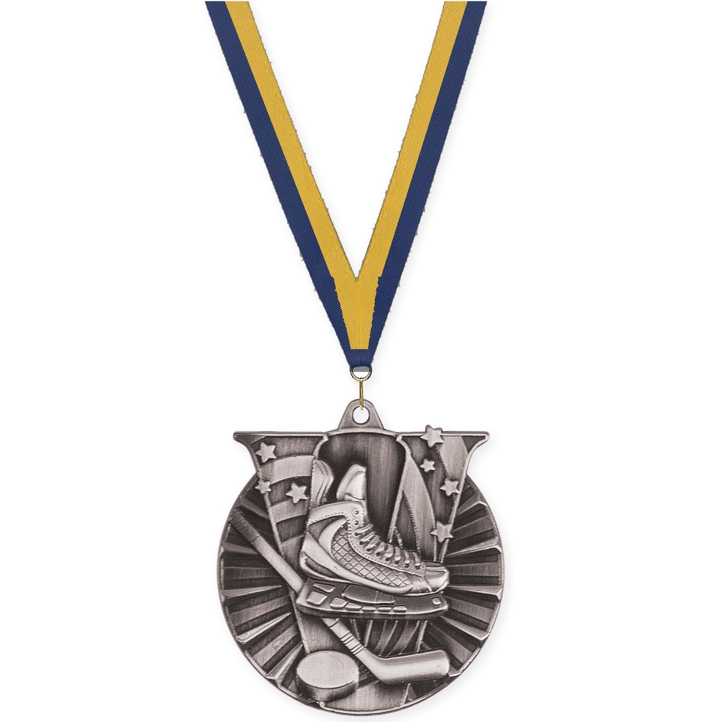 2 inch hockey Victory medal in antique silver with Navy Gold neck ribbon