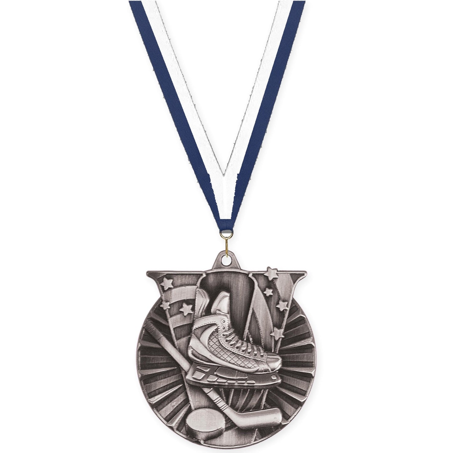 2 inch hockey Victory medal in antique silver with Navy White neck ribbon