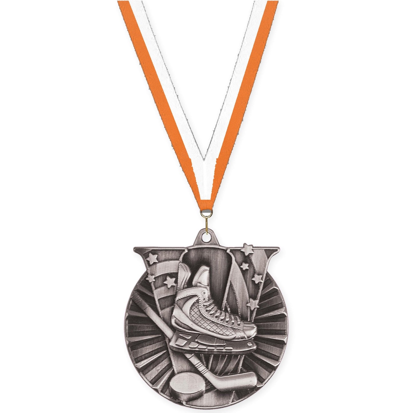 2 inch hockey Victory medal in antique silver with Orange White neck ribbon