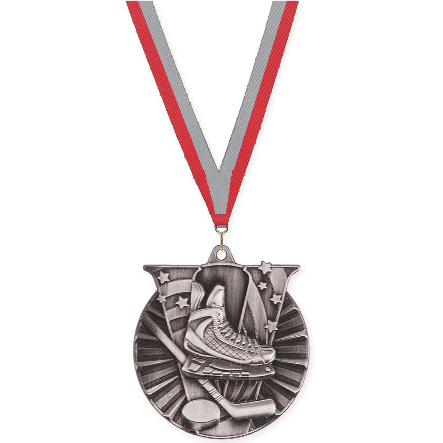 2 inch hockey Victory medal in antique silver with Red Gray neck ribbon