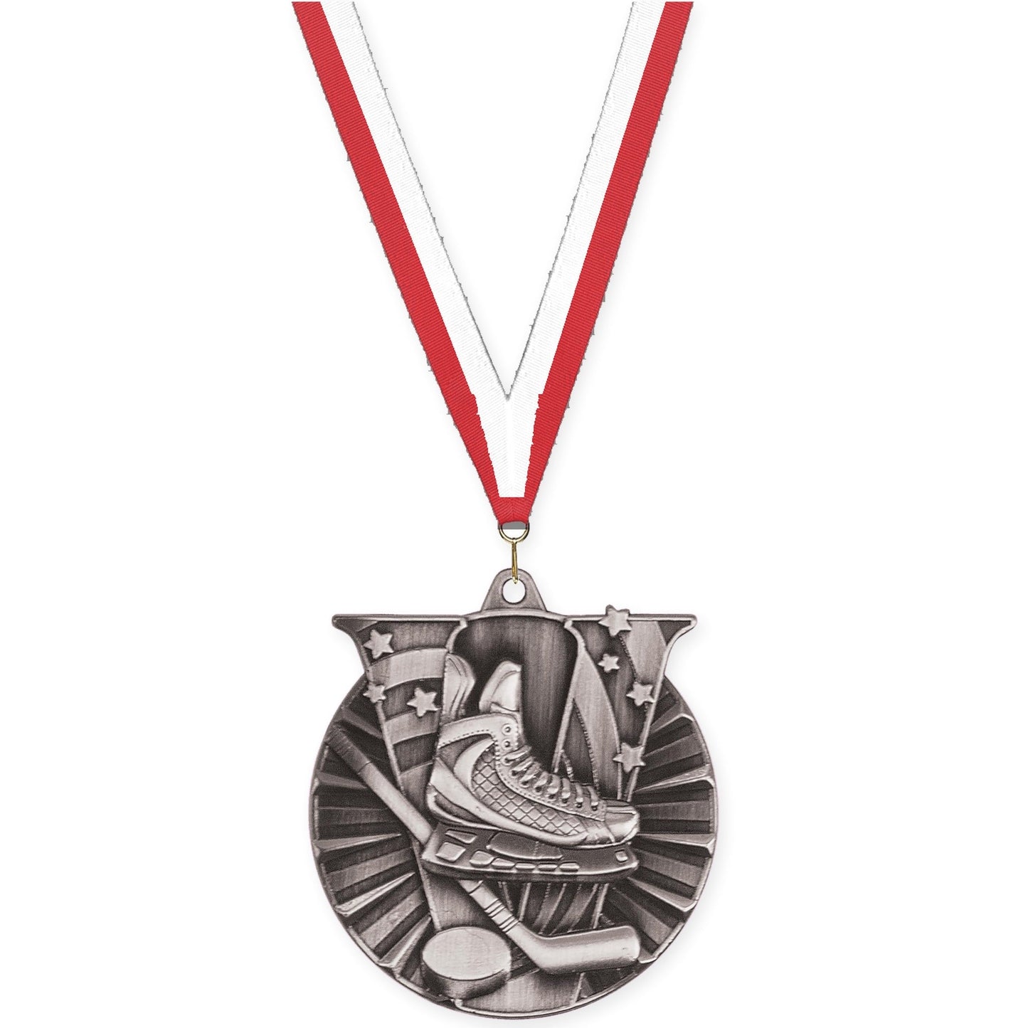 2 inch hockey Victory medal in antique silver with Red White neck ribbon