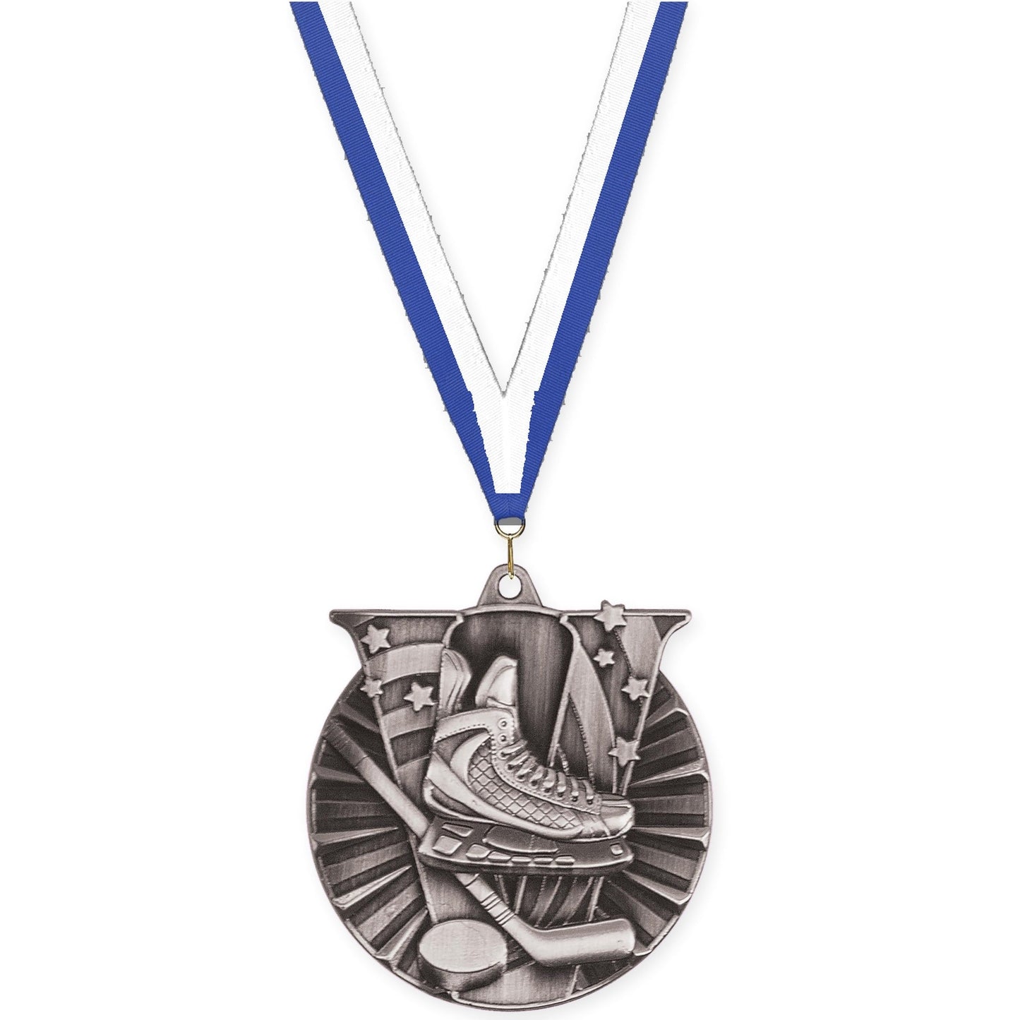 2 inch hockey Victory medal in antique silver with Blue White neck ribbon
