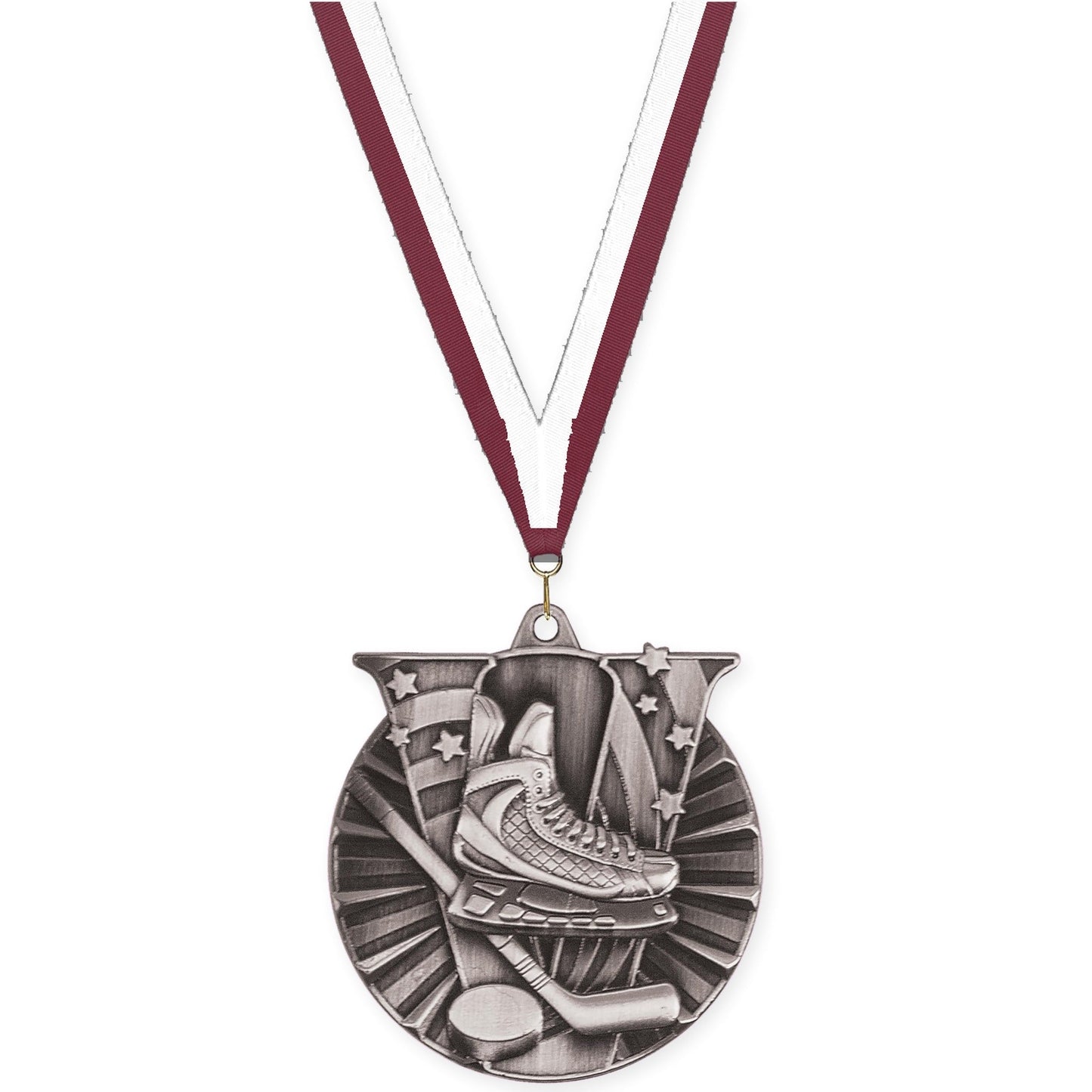 2 inch hockey Victory medal in antique silver with Maroon White neck ribbon