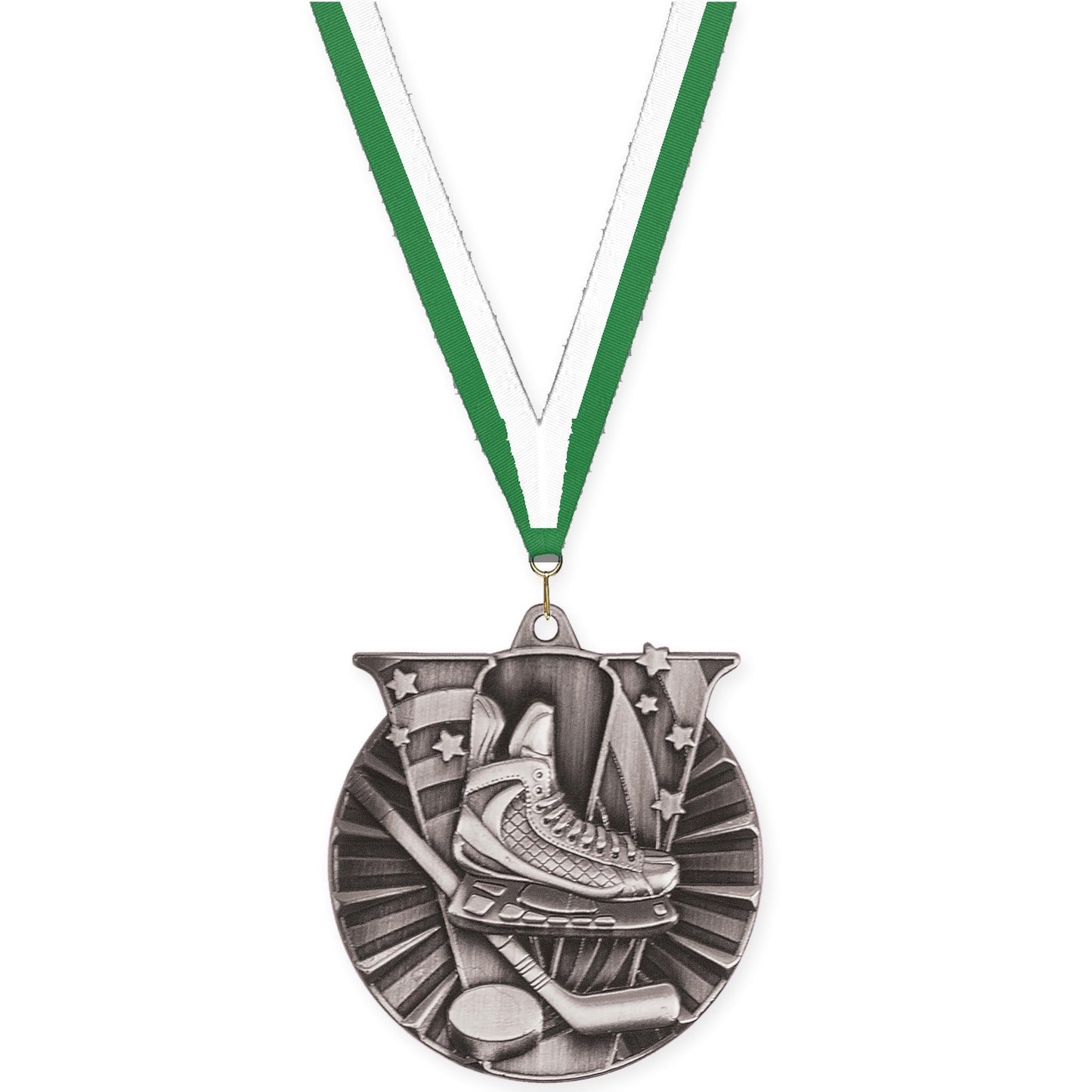 2 inch hockey Victory medal in antique silver with Green White neck ribbon