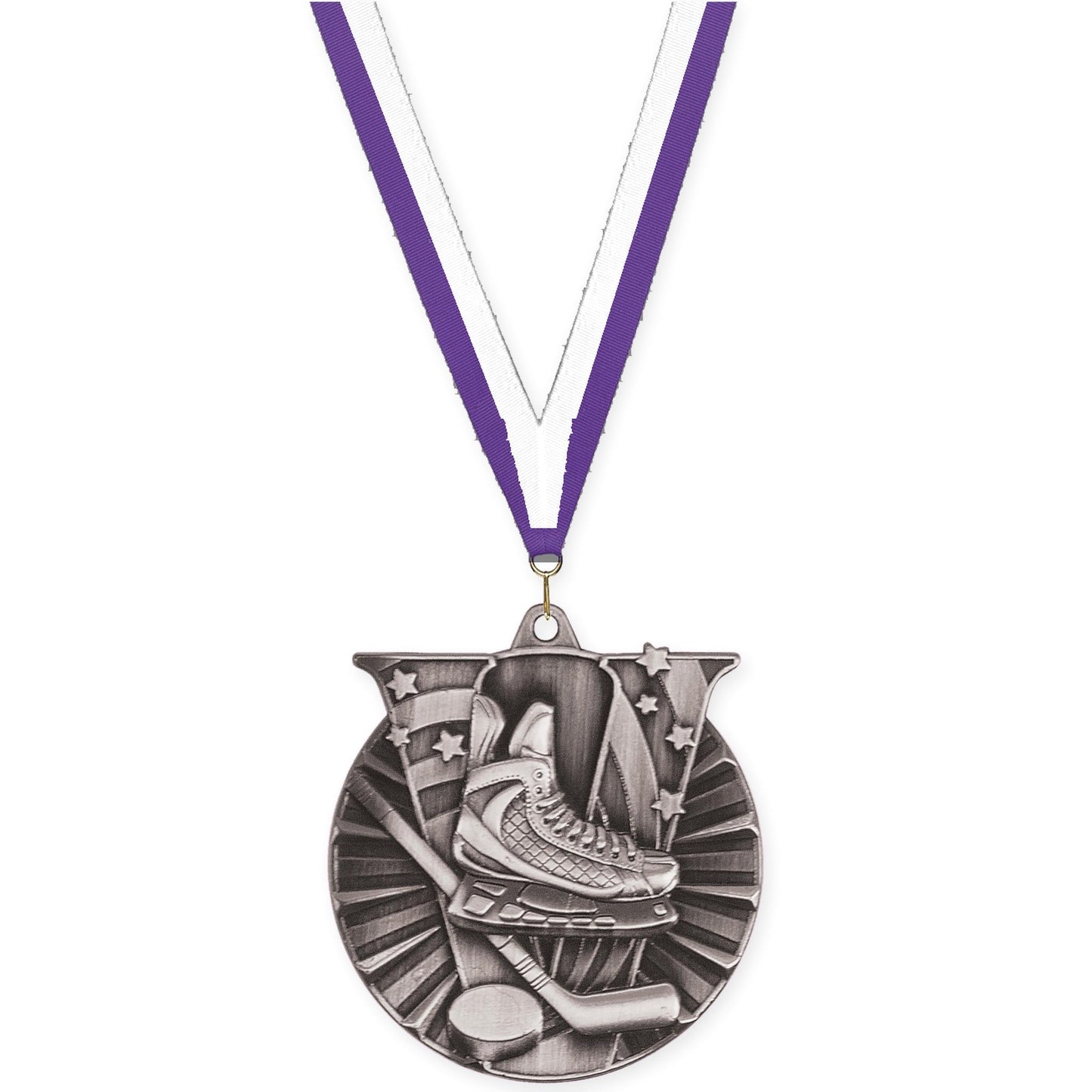 2 inch hockey Victory medal in antique silver with Purple White neck ribbon