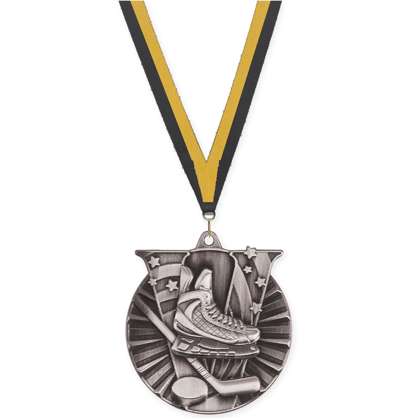 2 inch hockey Victory medal in antique silver with Black Gold neck ribbon