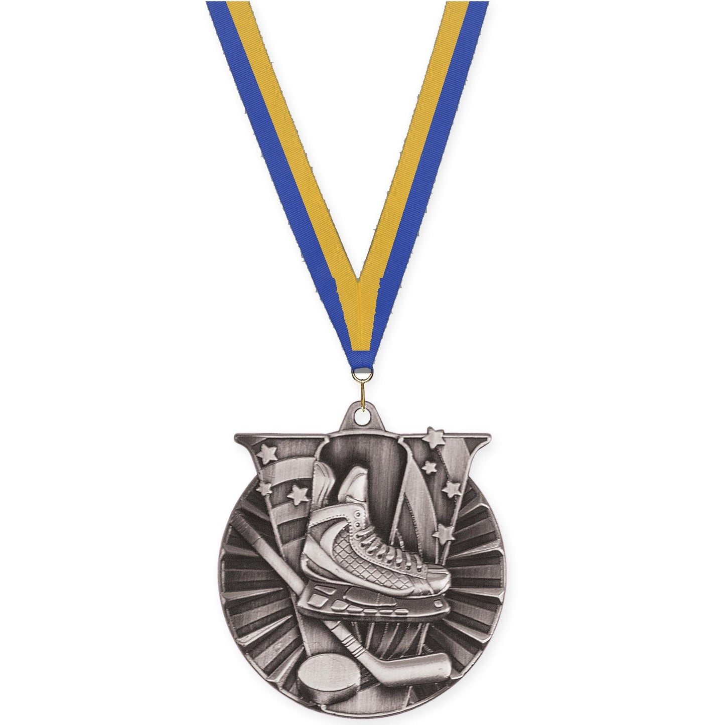 2 inch hockey Victory medal in antique silver with Blue Gold neck ribbon