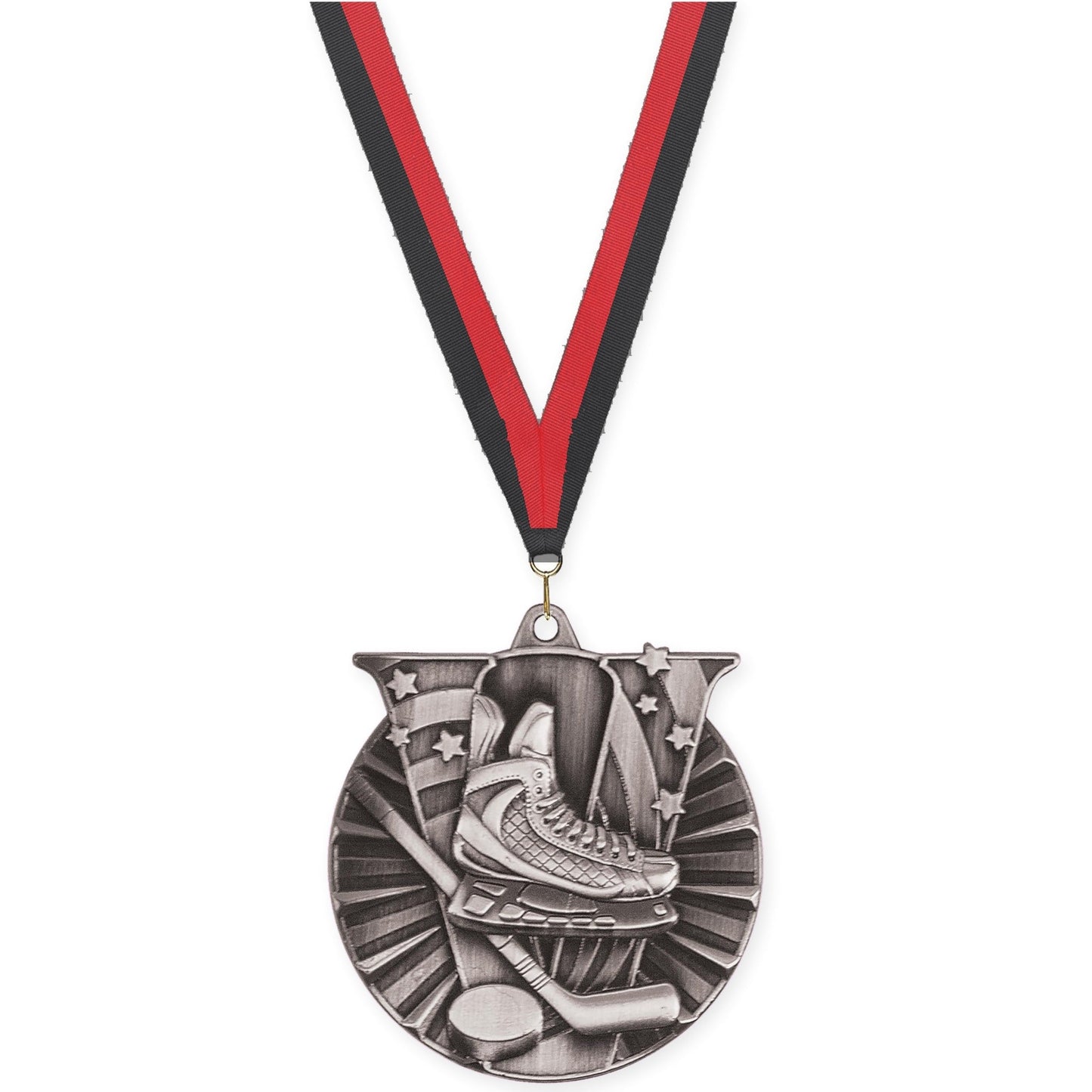 2 inch hockey Victory medal in antique silver with Black Red neck ribbon