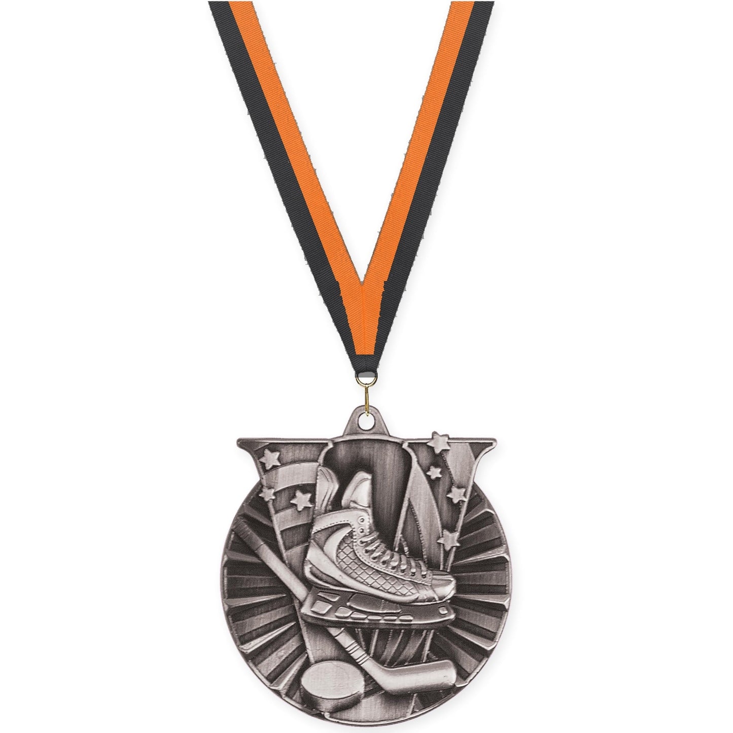2 inch hockey Victory medal in antique silver with Black Orange neck ribbon
