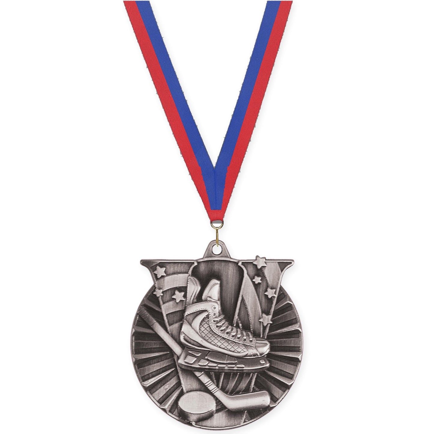 2 inch hockey Victory medal in antique silver with Blue Red neck ribbon