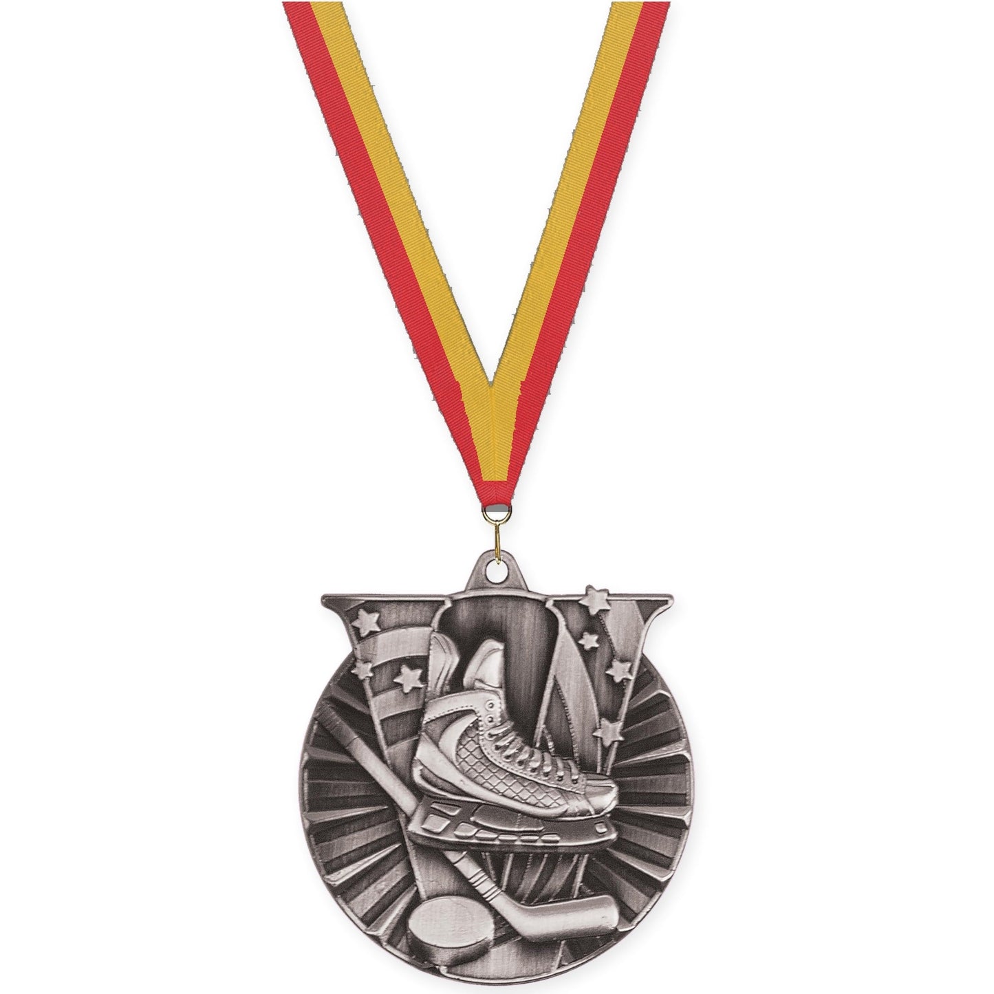 2 inch hockey Victory medal in antique silver with Red Gold neck ribbon
