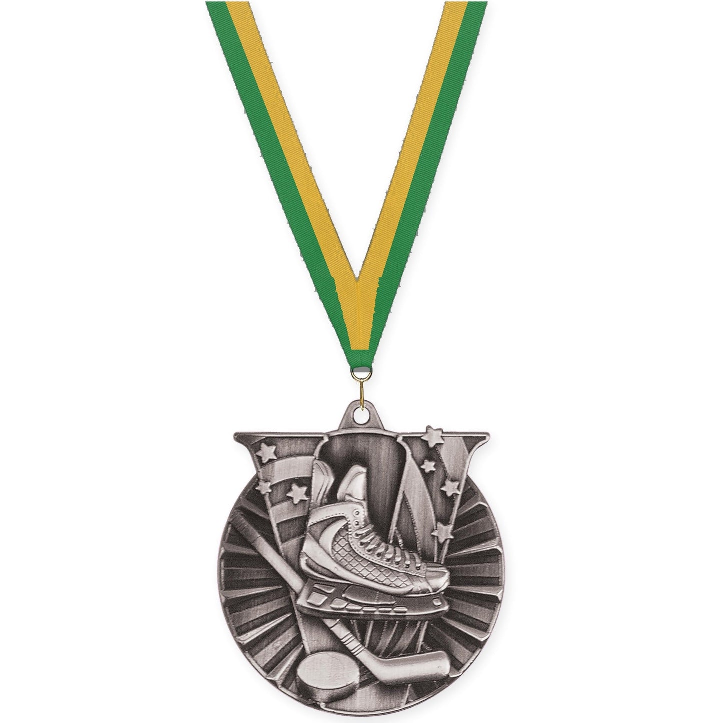 2 inch hockey Victory medal in antique silver with Green Gold neck ribbon