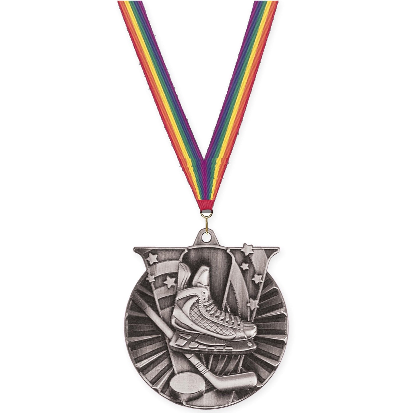 2 inch hockey Victory medal in antique silver with Rainbow neck ribbon