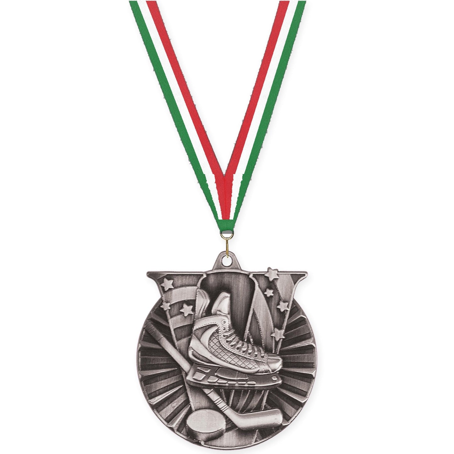 2 inch hockey Victory medal in antique silver with Green White Red neck ribbon