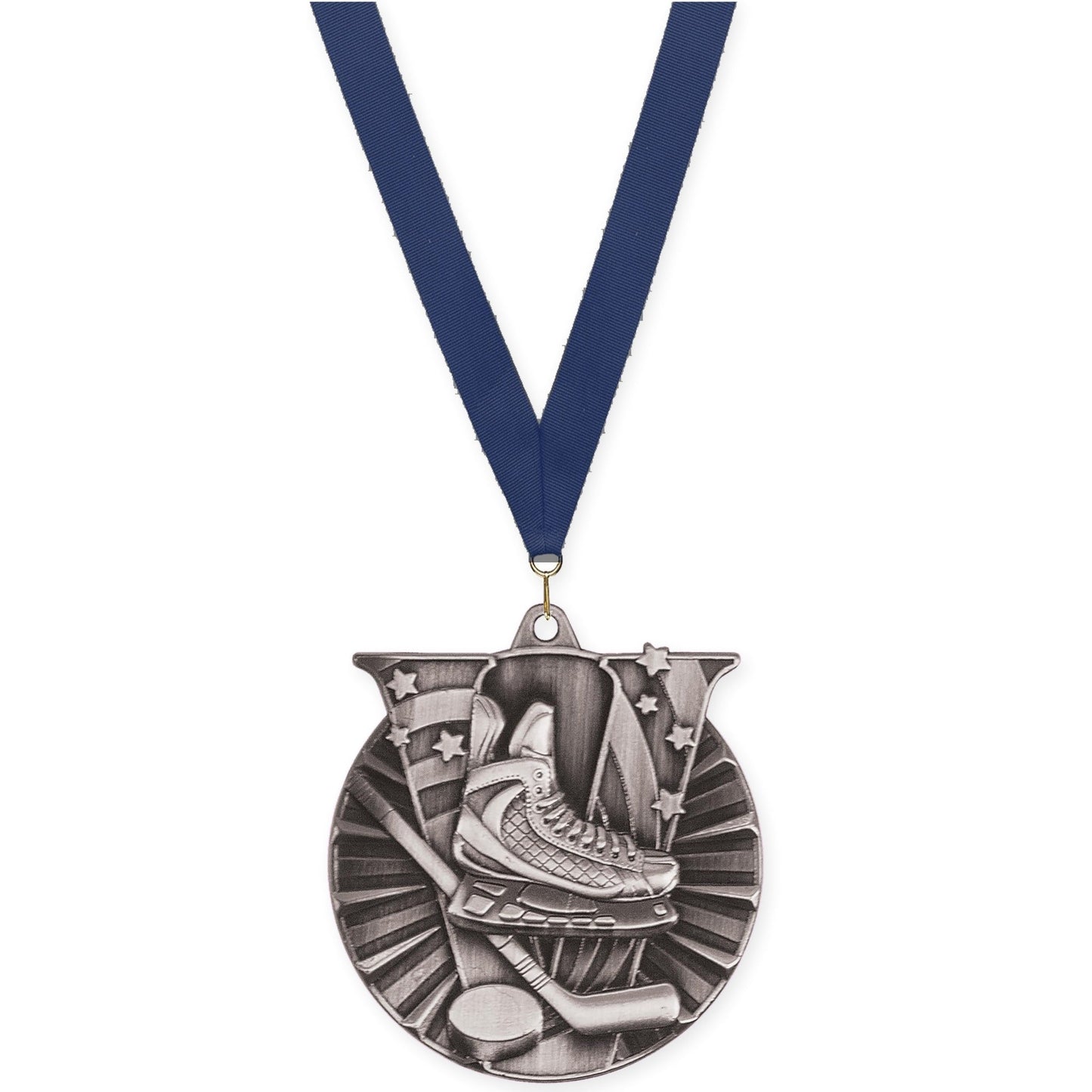 2 inch hockey Victory medal in antique silver with Navy neck ribbon