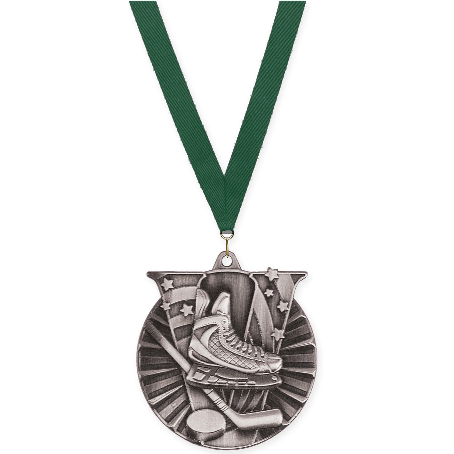 2 inch hockey Victory medal in antique silver with Hunter Green neck ribbon