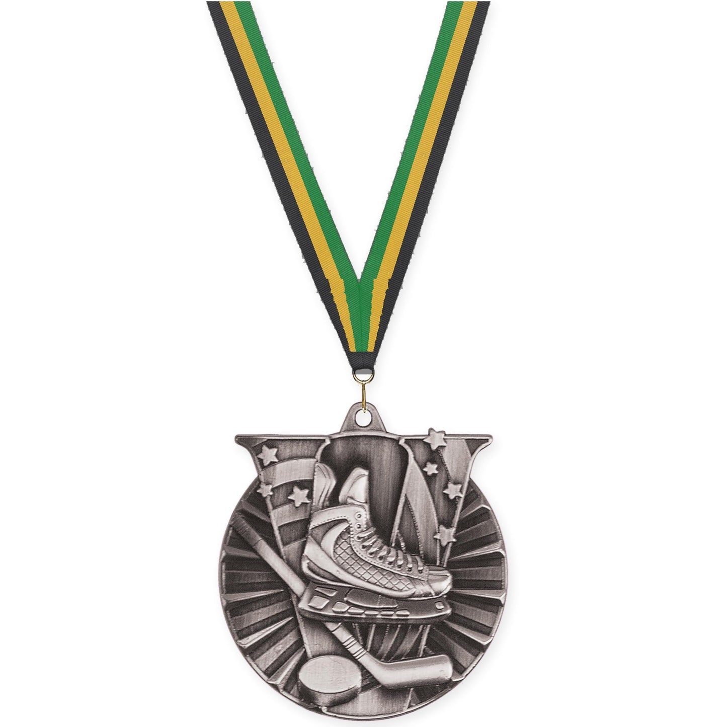 2 inch hockey Victory medal in antique silver with Black Gold Green neck ribbon