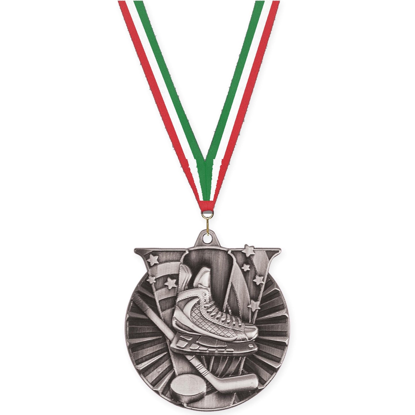 2 inch hockey Victory medal in antique silver with Red White Green neck ribbon