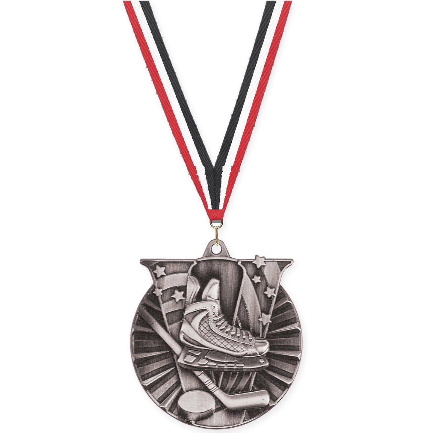 2 inch hockey Victory medal in antique silver with Red White Black neck ribbon