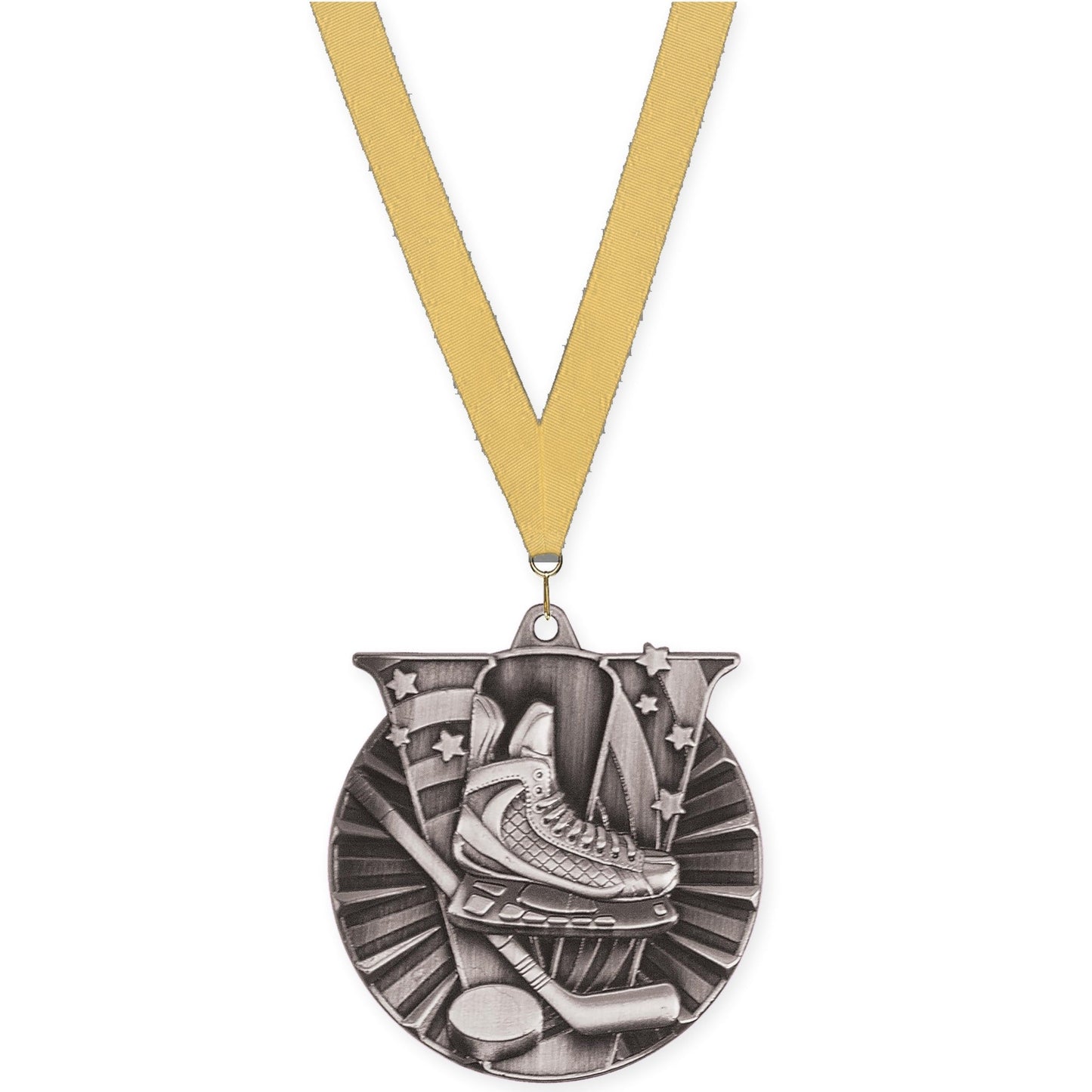 2 inch hockey Victory medal in antique silver with Gold Metallic neck ribbon