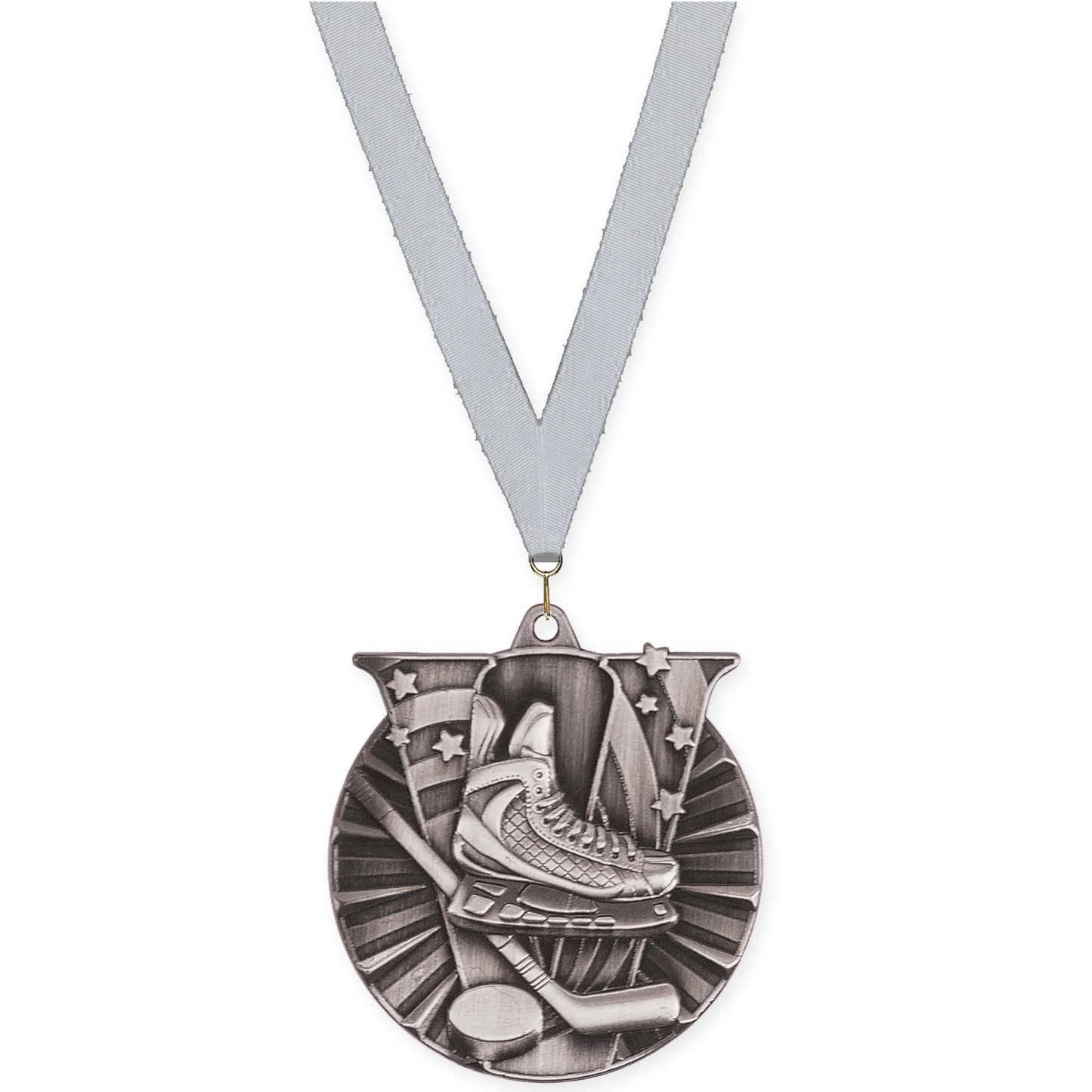 2 inch hockey Victory medal in antique silver with Silver Metallic neck ribbon