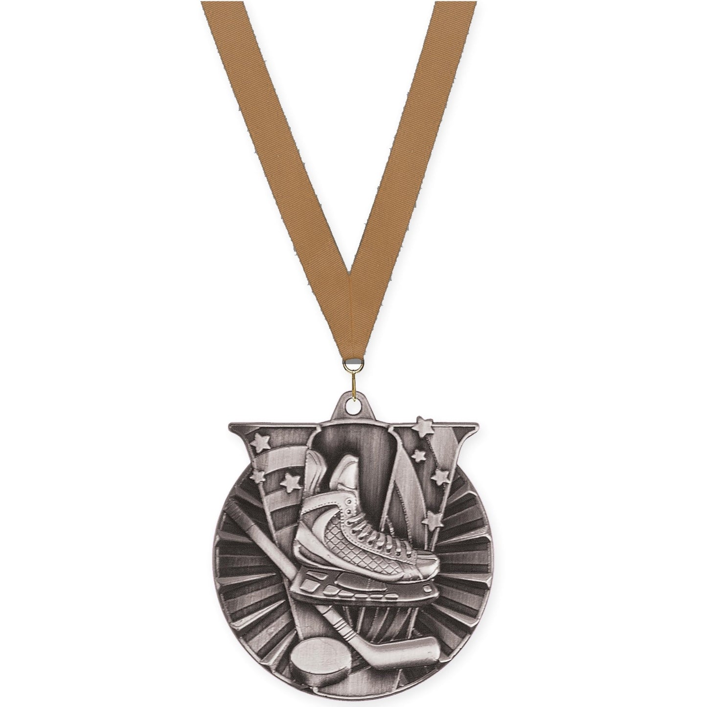 2 inch hockey Victory medal in antique silver with Bronze Metallic neck ribbon
