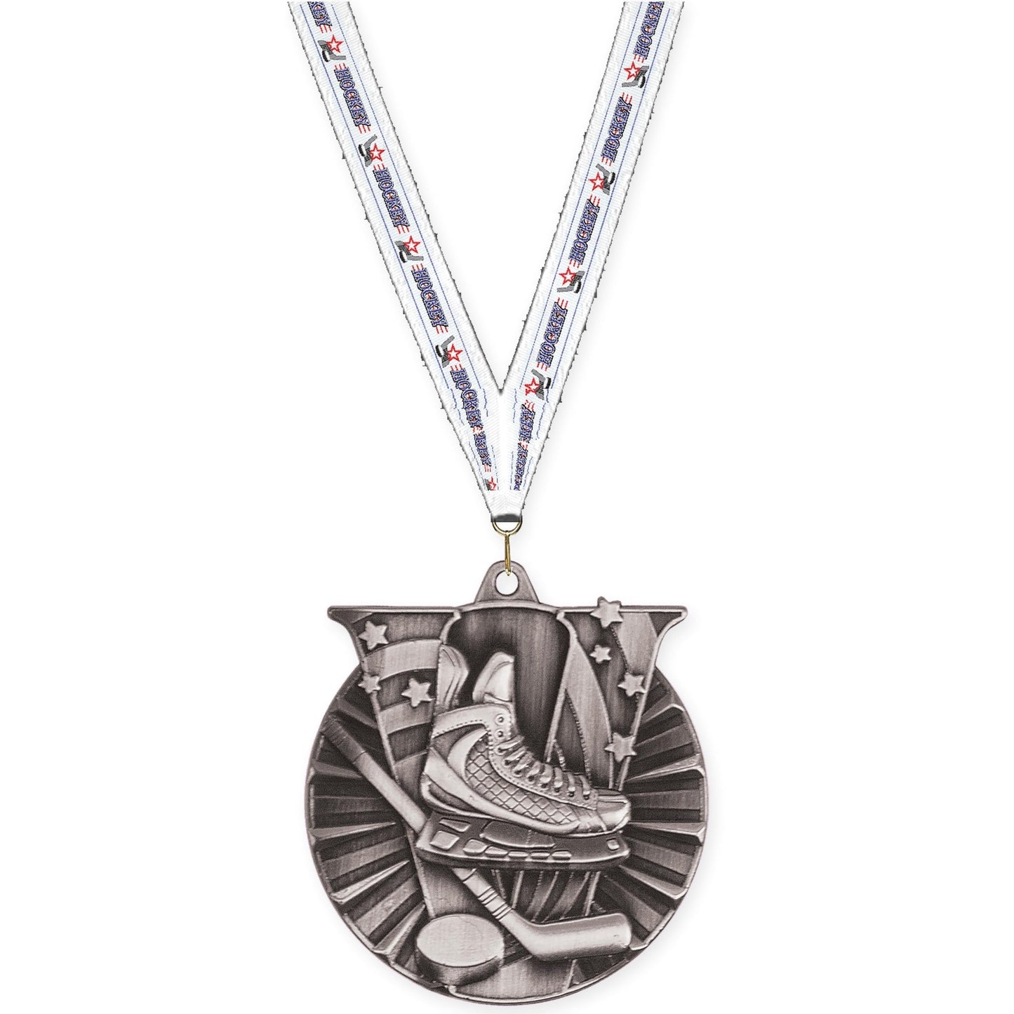 2 inch hockey Victory medal in antique silver with Hockey neck ribbon